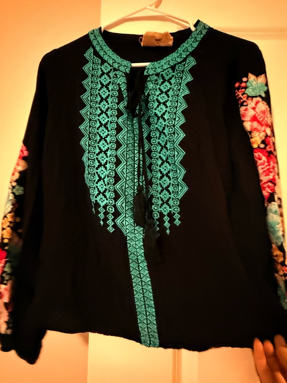 Savanna Jane Black Blouse with Turquoise Embroidery and Floral Sleeves - Picture 2 of 6